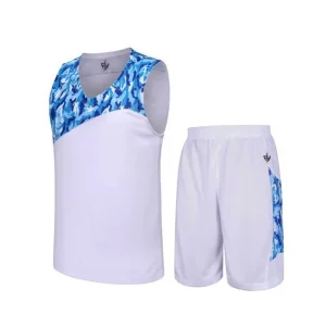 White Basketball Jersey with Blue Graphic Design